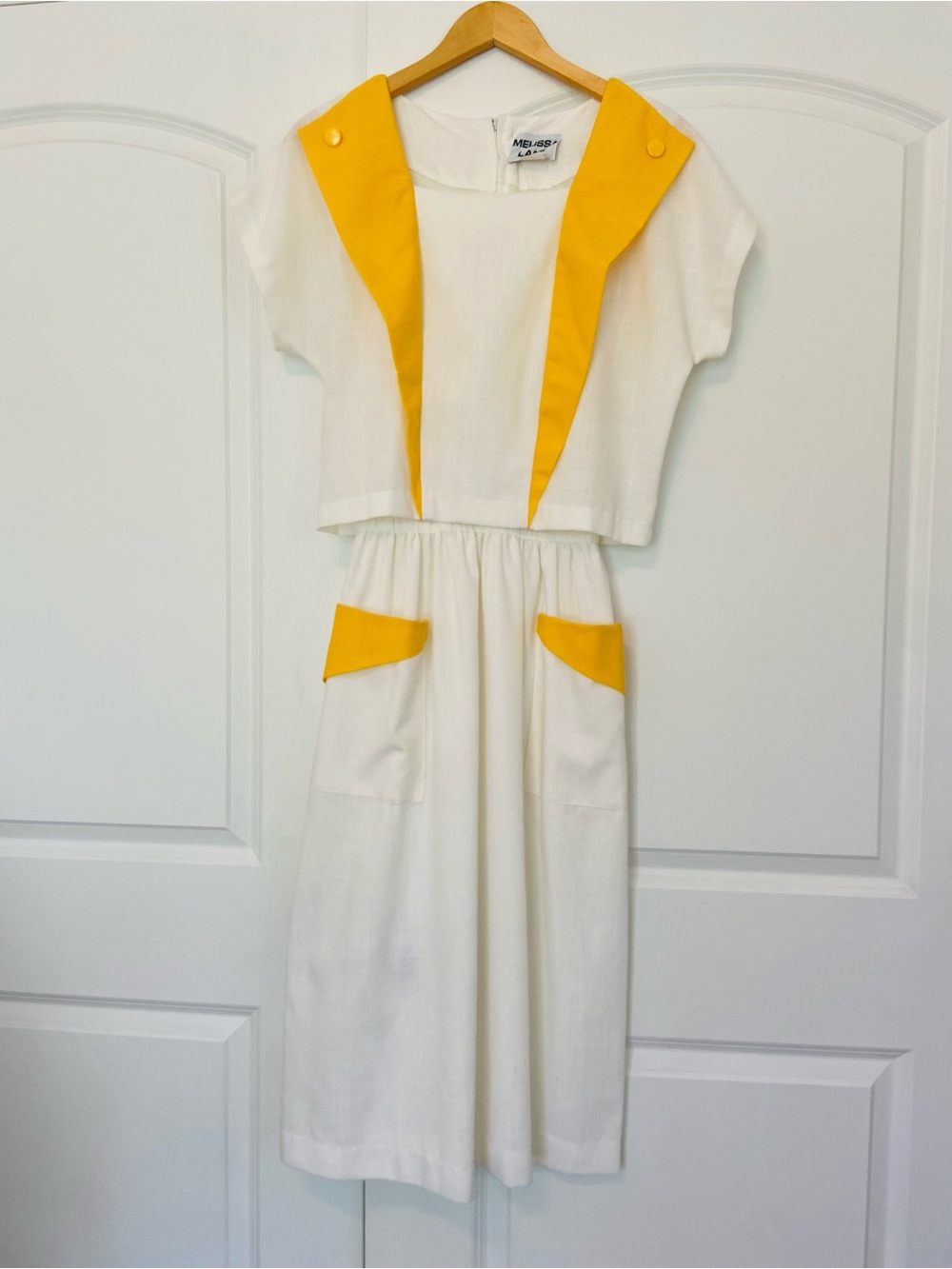 Vtg 70s Retro Midi Dress Yellow White Small Melissa Lane 1970s Career Dress
